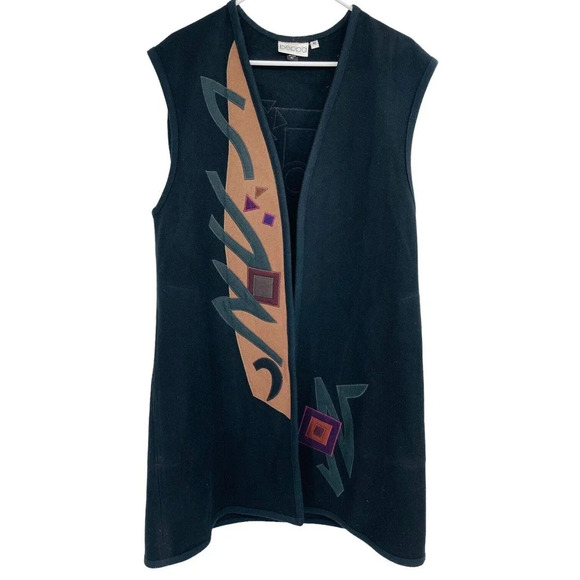 Vintage BEPPA Pure Wool Sleeveless Long Vest Size M 80’s Appliqué Patched Duster